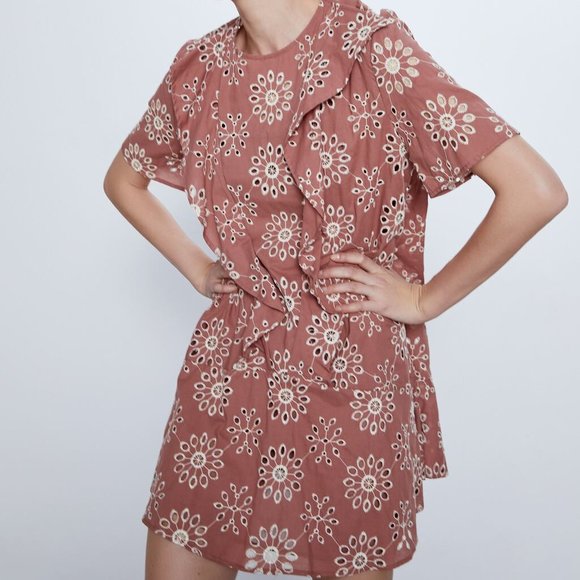 NWT Zara Marsala Embroidered Mini Eyelet Dress - Picture 2 of 7